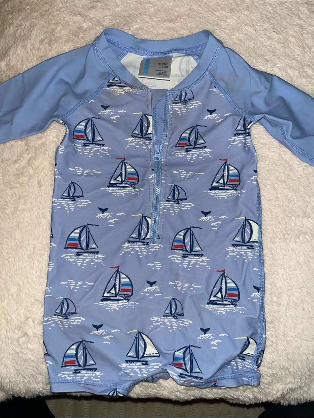 Rugged Butts Light Blue Sailboat Print Kids One-Piece Swimsuit with Front Zip